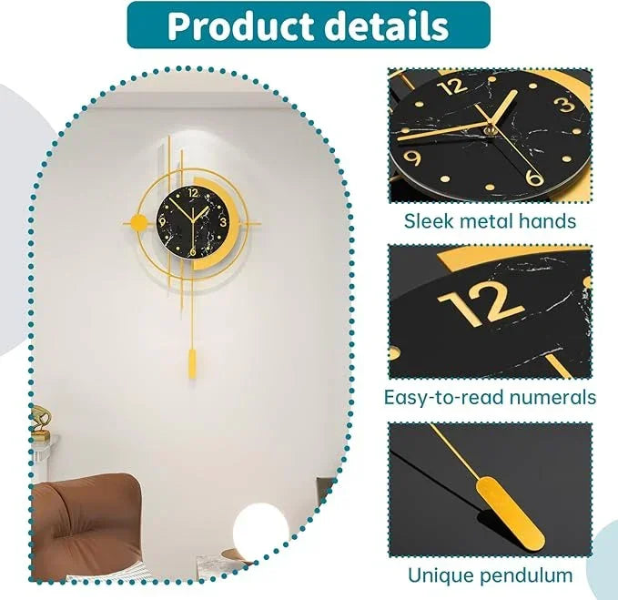 Wall clock with sleek metal hands, easy-to-read numerals, and unique pendulum on a white background.