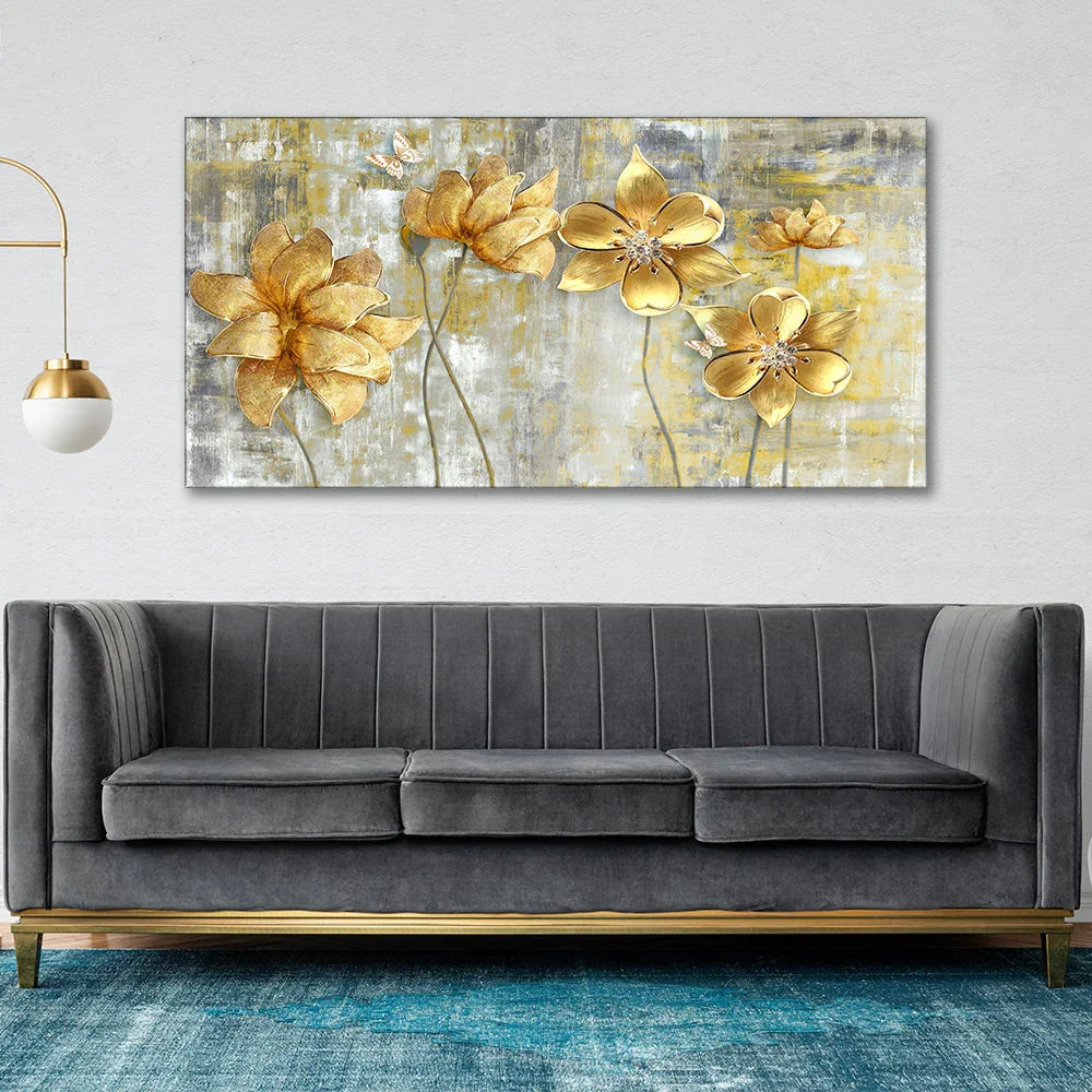Golden Abstract Flowers Premium Wall Painting - All India Decor