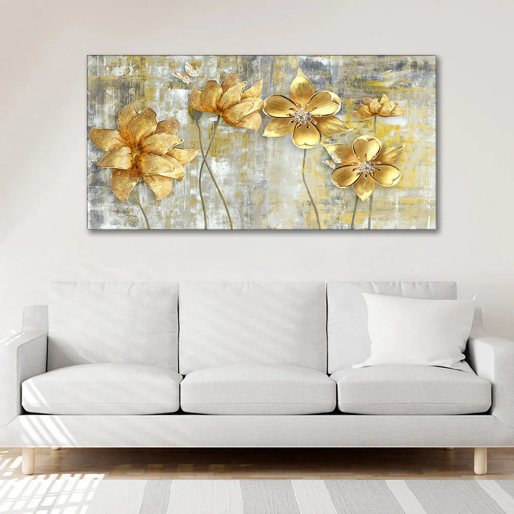 Golden Abstract Flowers Premium Wall Painting - All India Decor