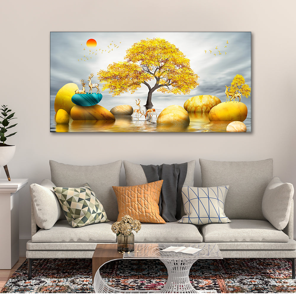 Canvas Wall Painting of Golden Trees With Deer