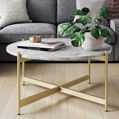 Minimalist Metal Coffee Table In Criss Cross Matte Gold Base