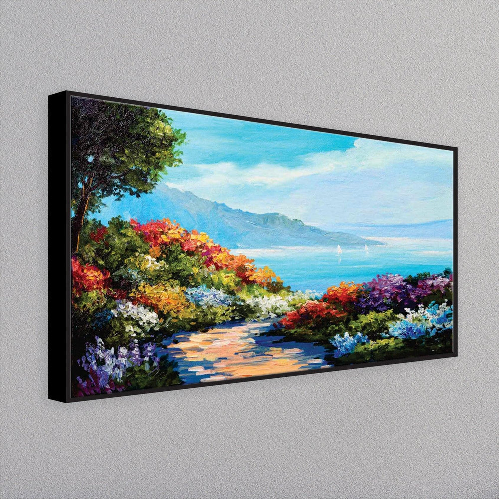 House near the sea coast colorful flowers wall painting - All India Decor