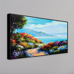 House near the sea coast colorful flowers wall painting - All India Decor