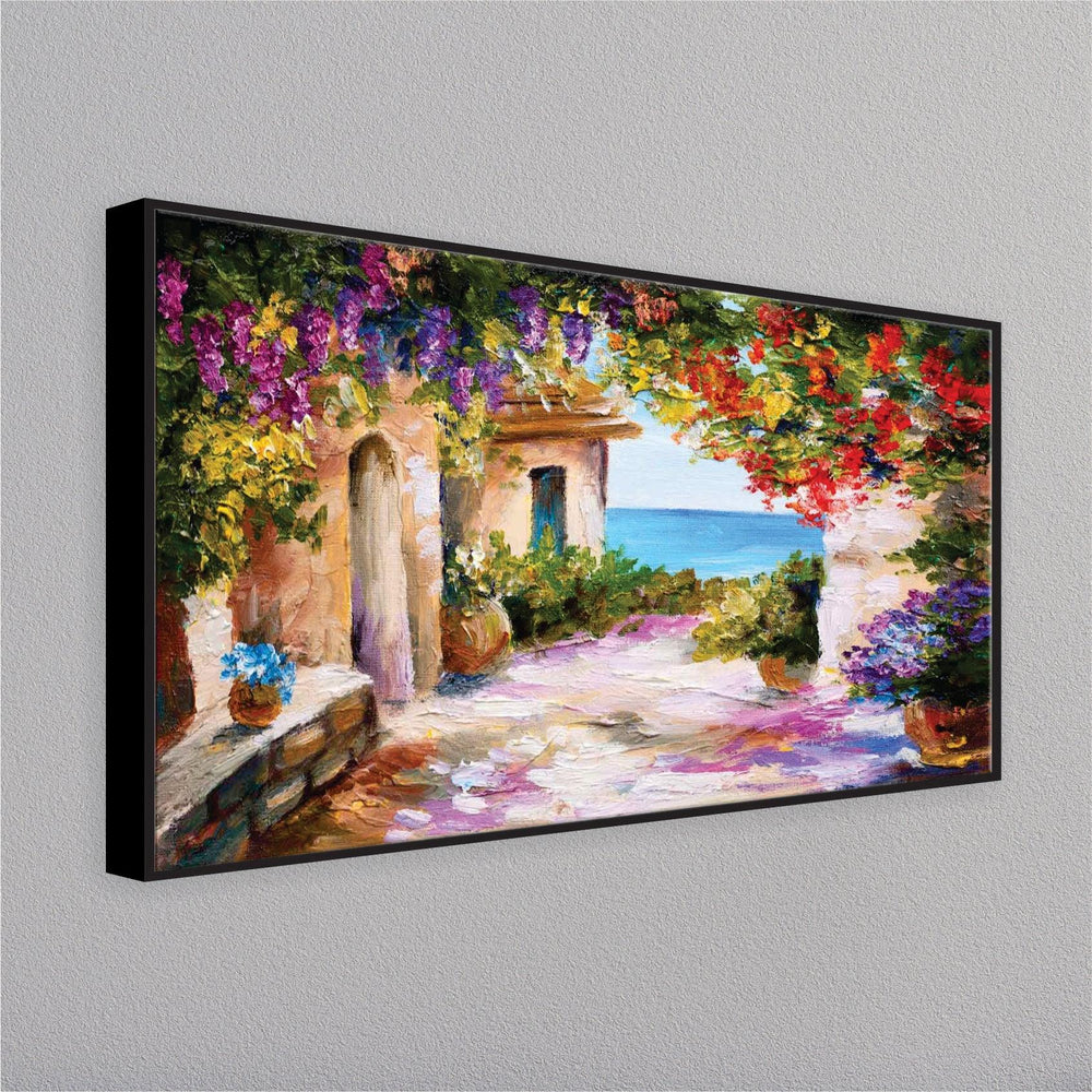House near the sea colorful flowers wall painting - All India Decor