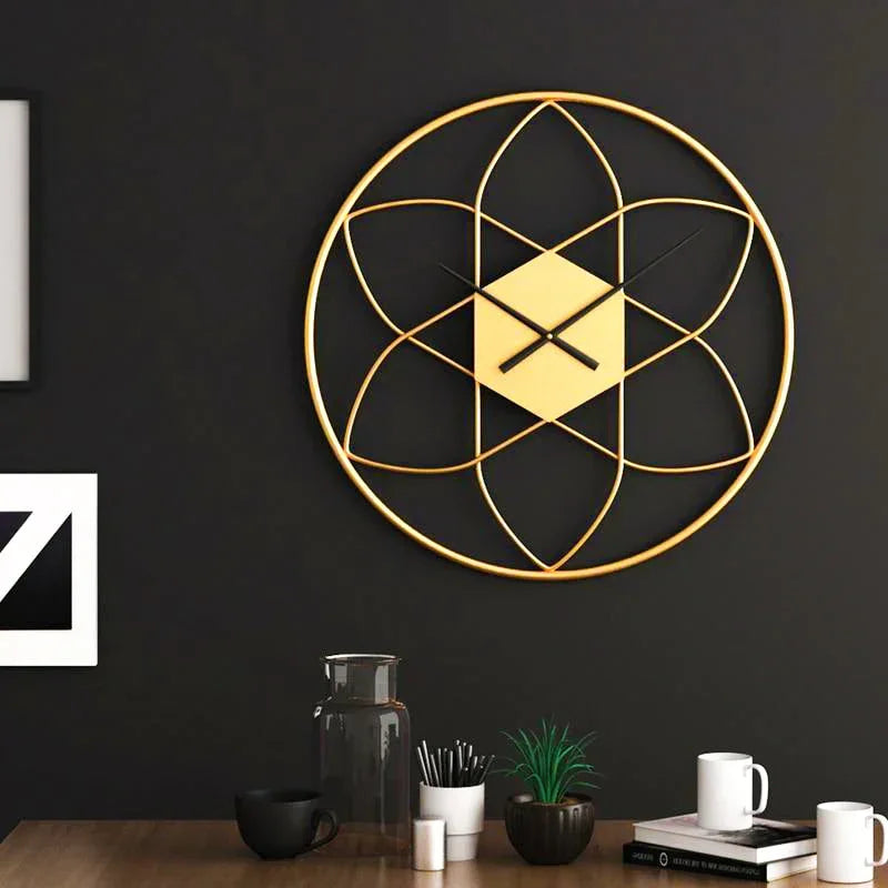 Decorative wall clock with geometric design on a black wall