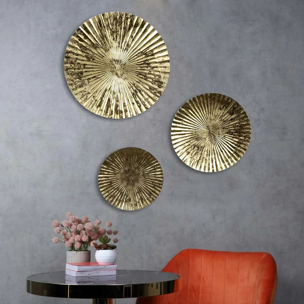 Gold Foil Motif Hammered Metal Decorative Wall Plates Set Of 3 - All India Decor