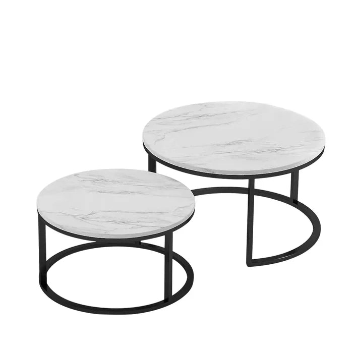 White Marble Round Iron Stand Coffee Tables Set of 2 (Black) - All India Decor