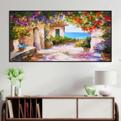 House near the sea colorful flowers wall painting - All India Decor