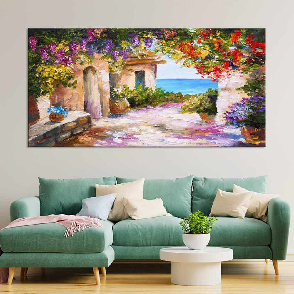 House near the sea colorful flowers wall painting - All India Decor