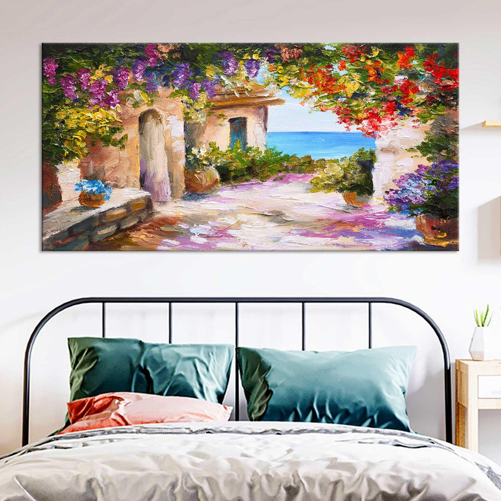 House near the sea colorful flowers wall painting - All India Decor