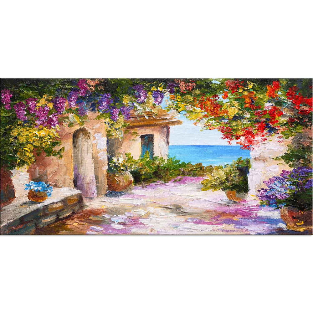 House near the sea colorful flowers wall painting - All India Decor
