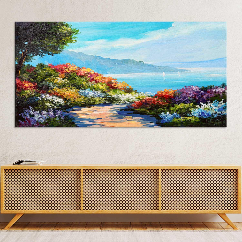 House near the sea coast colorful flowers wall painting - All India Decor