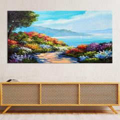House near the sea coast colorful flowers wall painting - All India Decor
