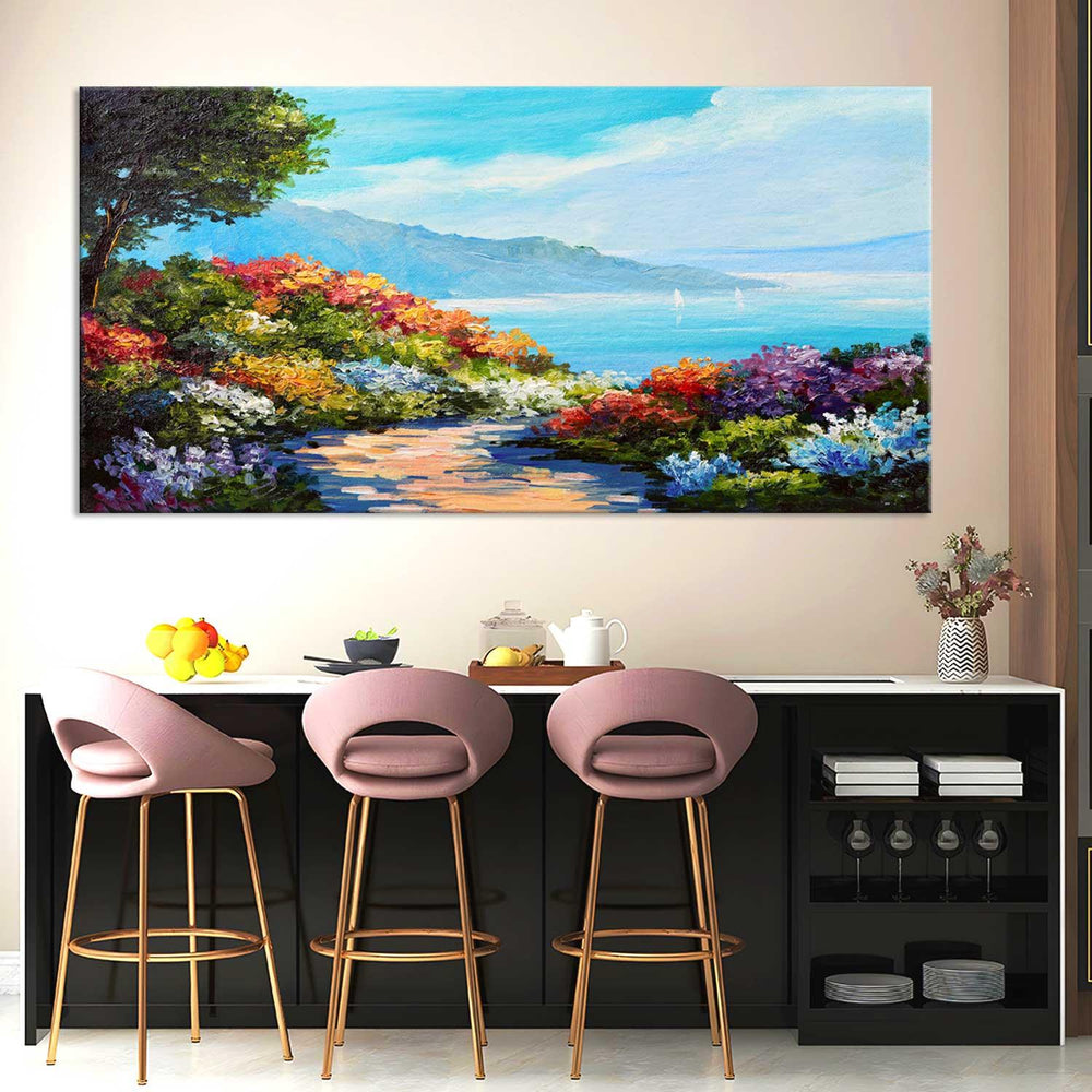House near the sea coast colorful flowers wall painting - All India Decor