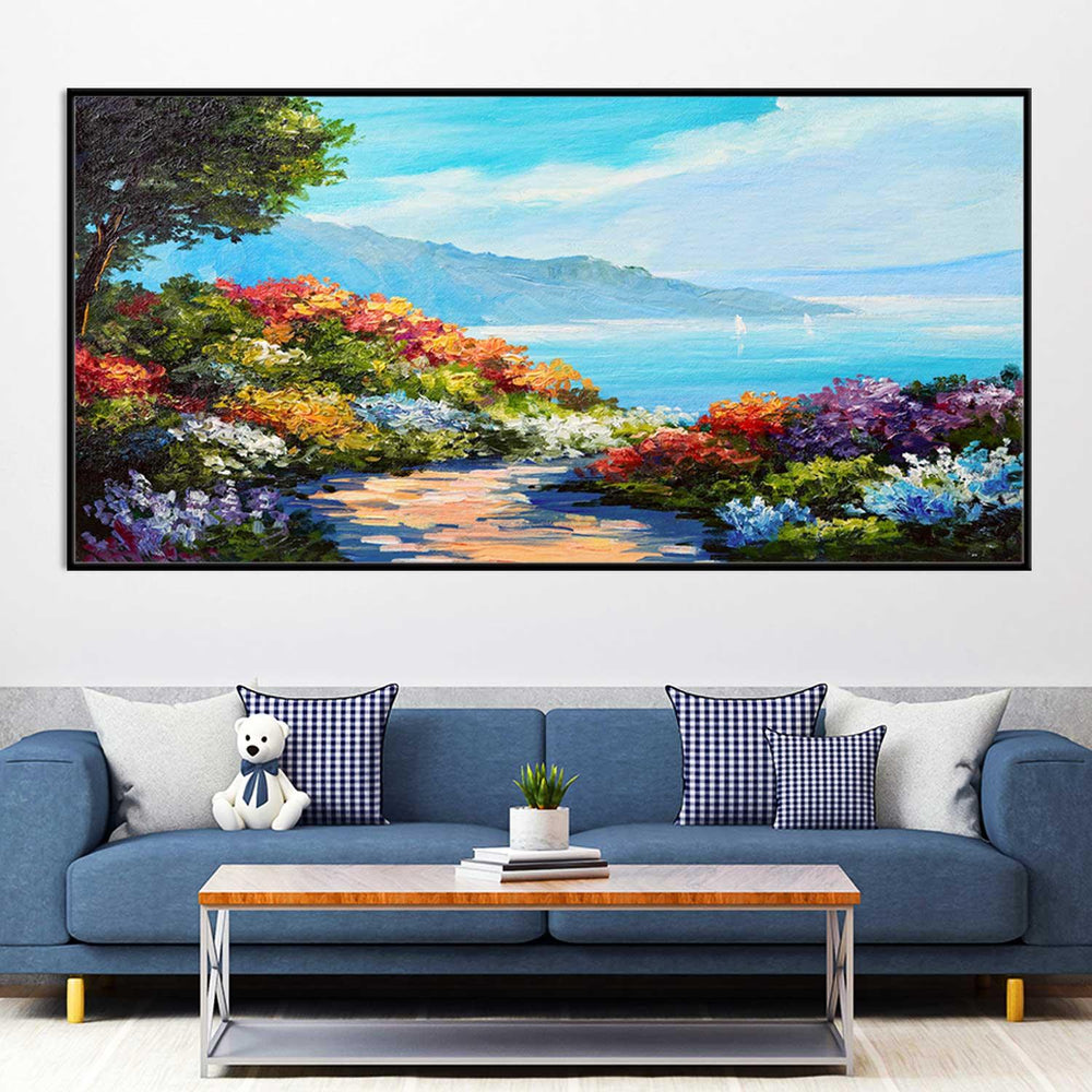House near the sea coast colorful flowers wall painting - All India Decor