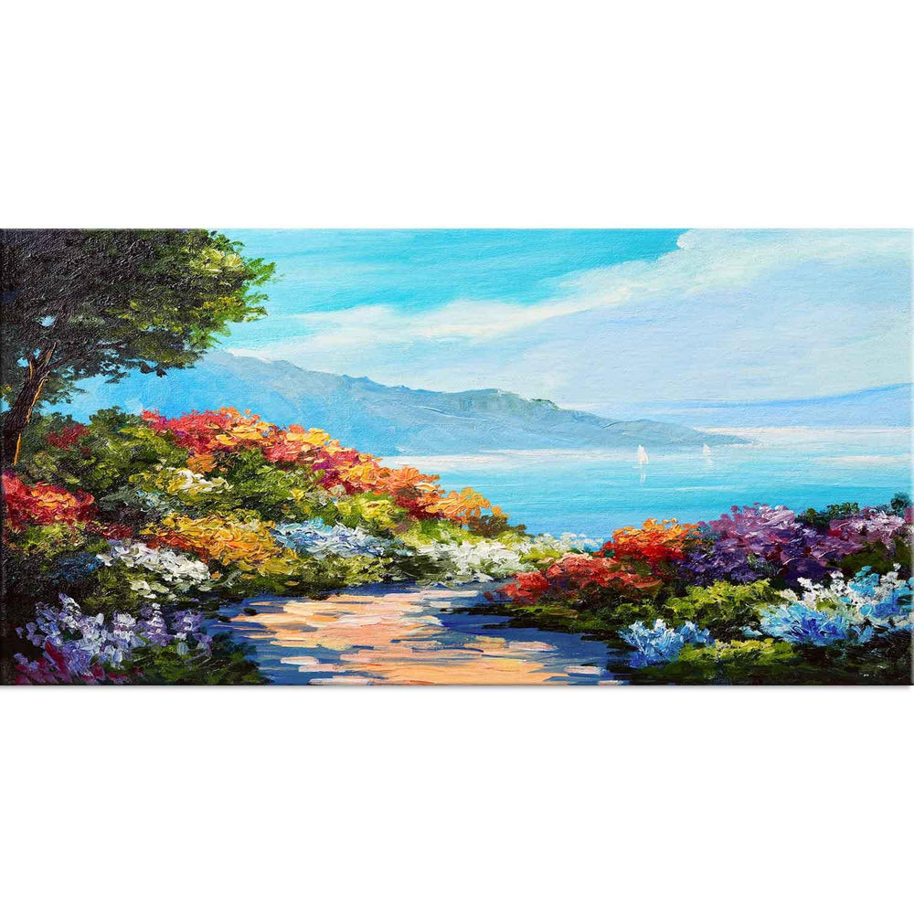 House near the sea coast colorful flowers wall painting - All India Decor