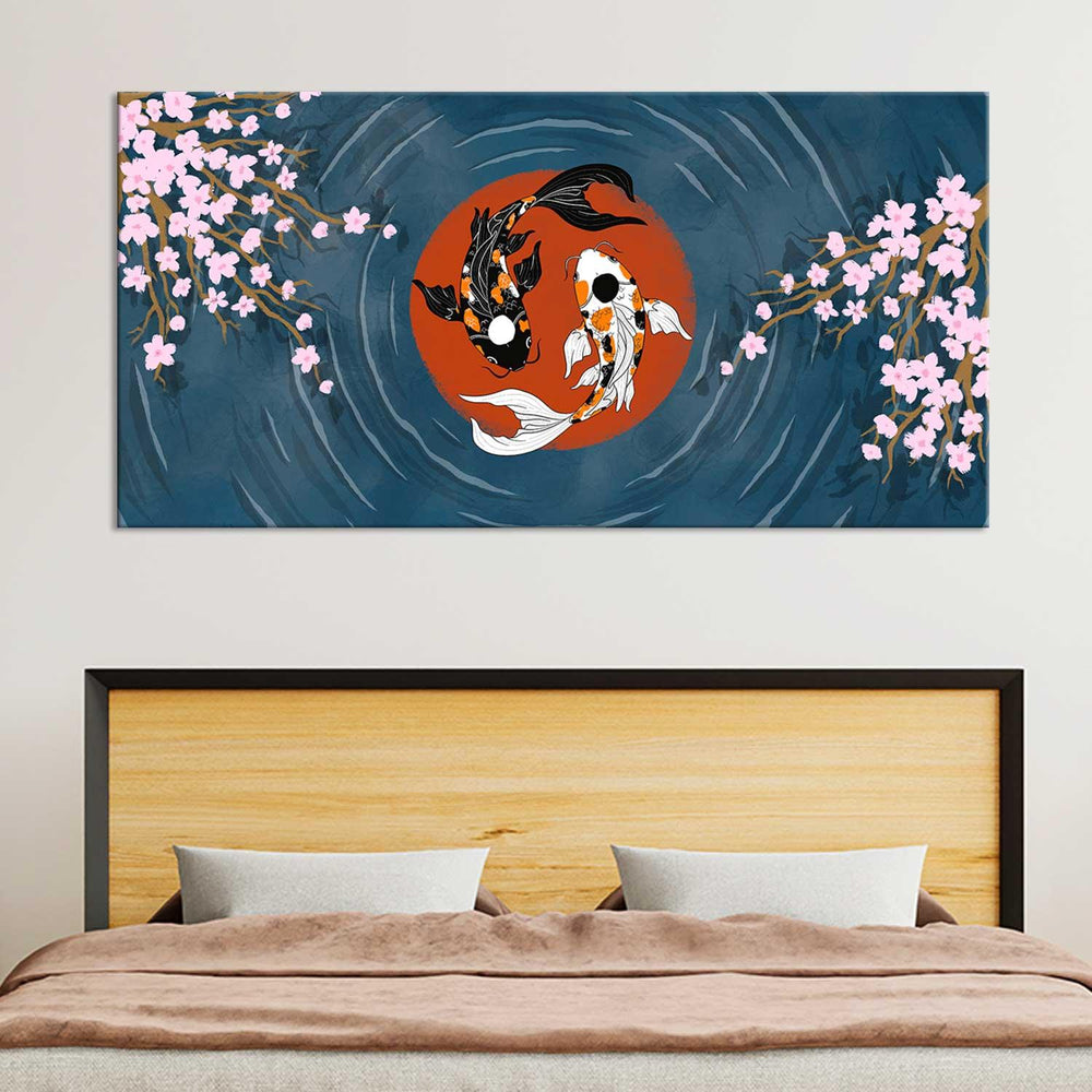 Koi Fish With Cherry Blossom Centered Red Circle Art Wall Painting - All India Decor