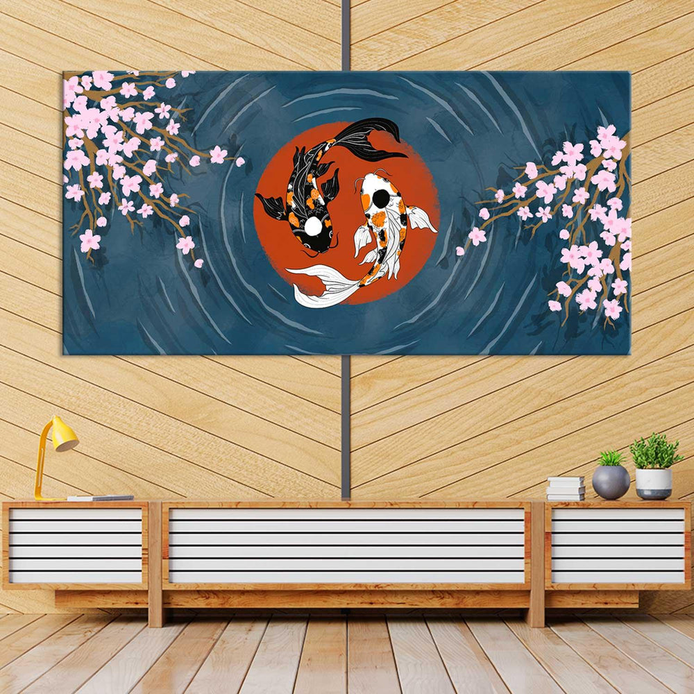 Koi Fish With Cherry Blossom Centered Red Circle Art Wall Painting - All India Decor