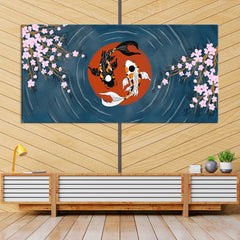 Koi Fish With Cherry Blossom Centered Red Circle Art Wall Painting