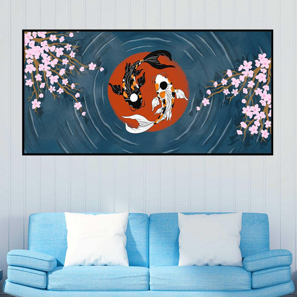 Koi Fish With Cherry Blossom Centered Red Circle Art Wall Painting - All India Decor