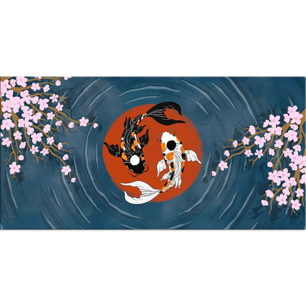 Koi Fish With Cherry Blossom Centered Red Circle Art Wall Painting - All India Decor