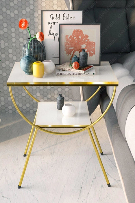 Gold End Table With 3 Tier Marble Shelf