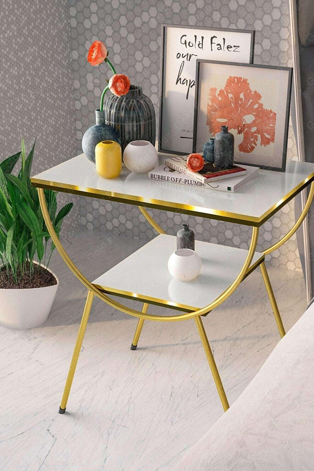 Gold End Table With 3 Tier Marble Shelf - All India Decor