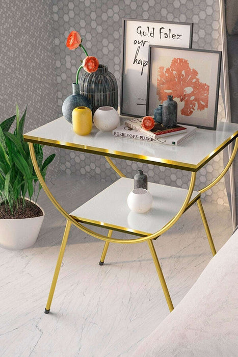 Gold End Table With 3 Tier Marble Shelf