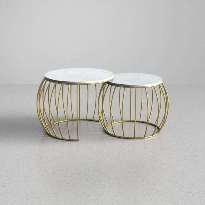 Ornate Rounded Metallic Marble Nested Coffee Table Set of 2 - All India Decor