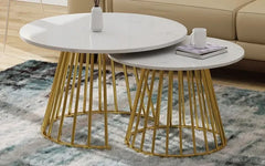 White Marble Round Metallic Stand Coffee Tables Set of 2 - All India Decor