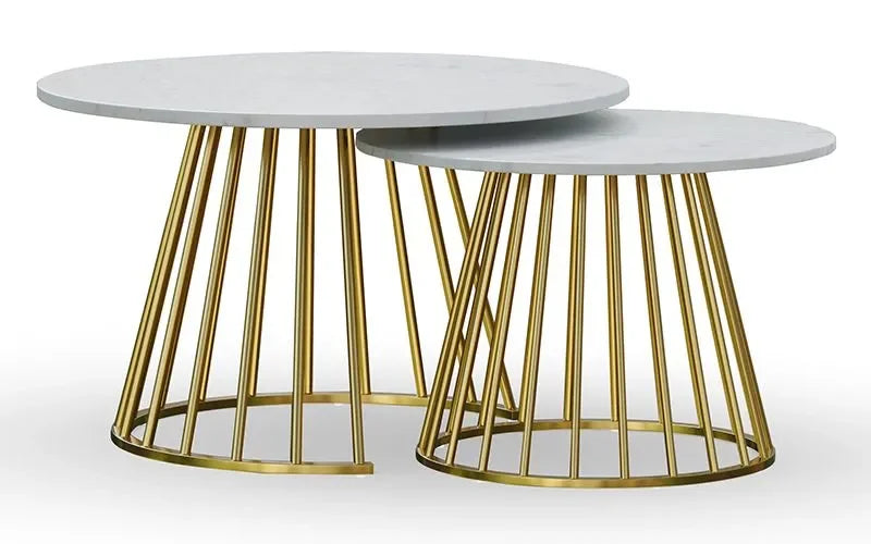 White Marble Round Metallic Stand Coffee Tables Set of 2 - All India Decor