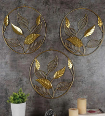 Gold Iron Mango Leaves Floral Metal Wall Art, Set of 3 - All India Decor