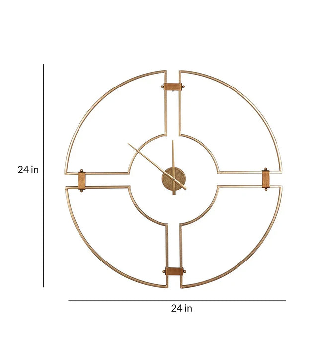 Gold wall clock with dimensions on a white background
