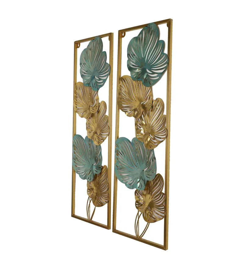 Green and Gold Iron Etching Leaves Rectangular Shape Floral Metal Wall Art, Set of 2 - All India Decor