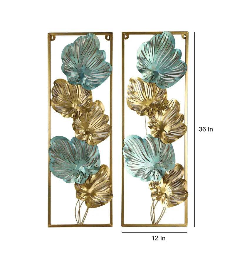 Green and Gold Iron Etching Leaves Rectangular Shape Floral Metal Wall Art, Set of 2 - All India Decor