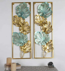 Green and Gold Iron Etching Leaves Rectangular Shape Floral Metal Wall Art, Set of 2 - All India Decor
