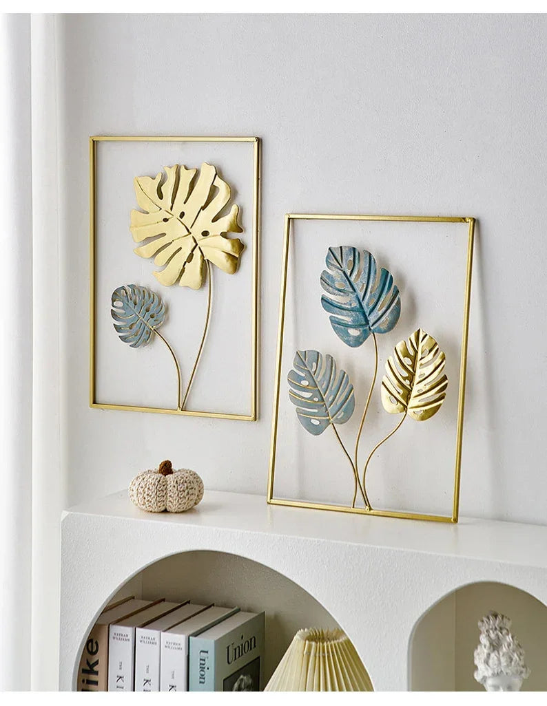 Set of 3 Large Living Room Gold Blue Metal Leaf Iron Home Wall Decor. - All India Decor