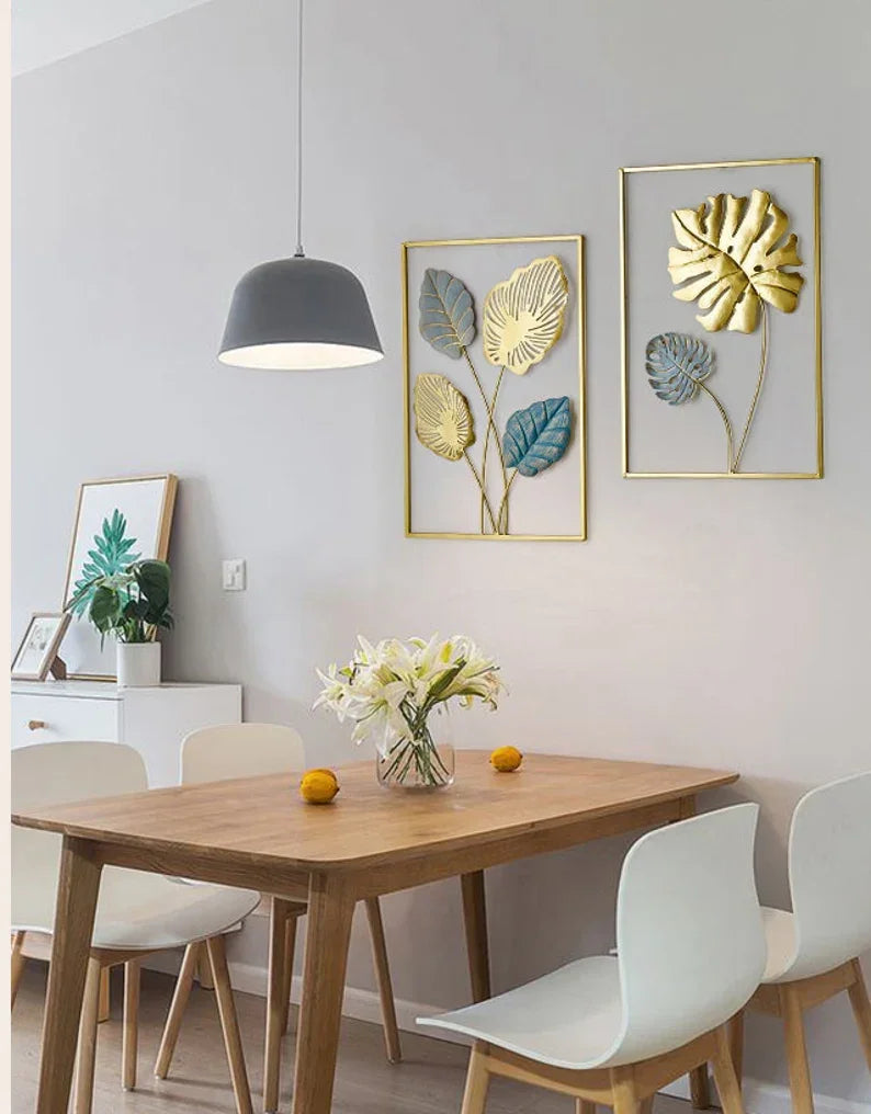Set of 3 Large Living Room Gold Blue Metal Leaf Iron Home Wall Decor. - All India Decor