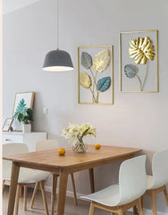 Set of 3 Large Living Room Gold Blue Metal Leaf Iron Home Wall Decor. - All India Decor