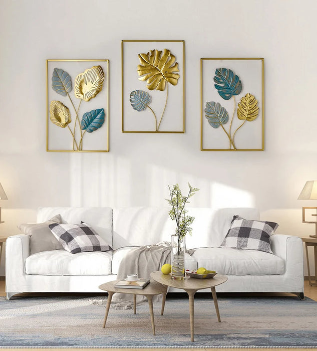 Set of 3 Large Living Room Gold Blue Metal Leaf Iron Home Wall Decor.