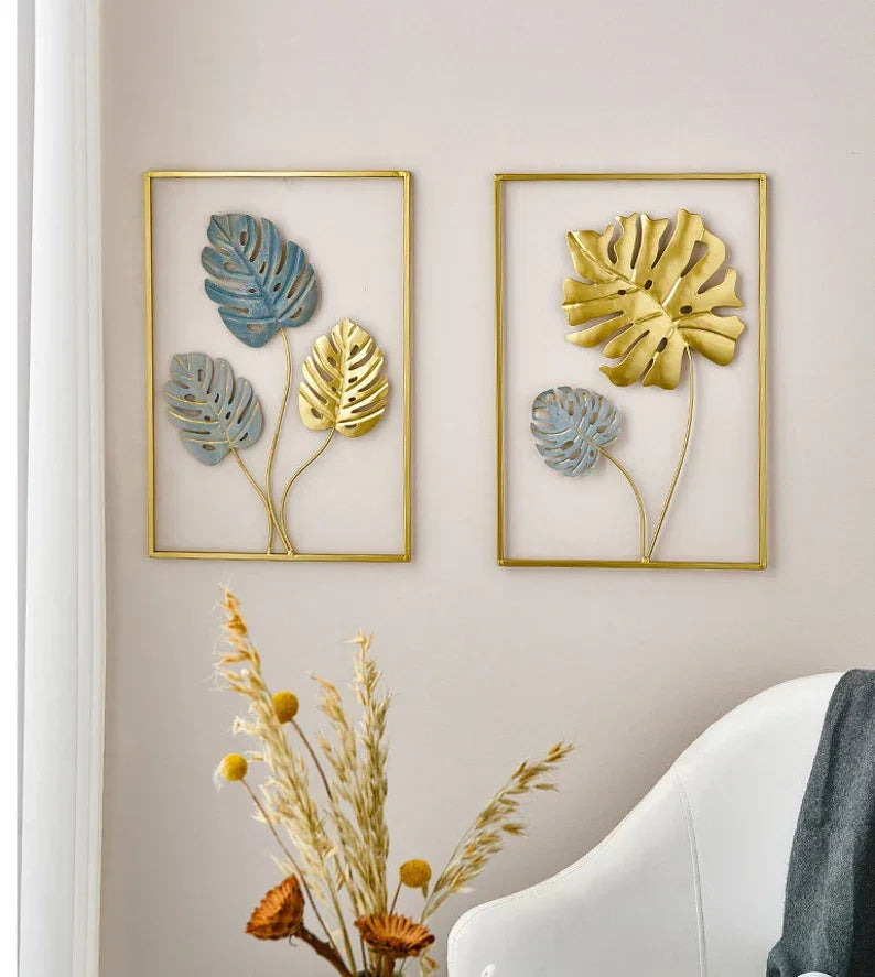 Set of 3 Large Living Room Gold Blue Metal Leaf Iron Home Wall Decor. - All India Decor