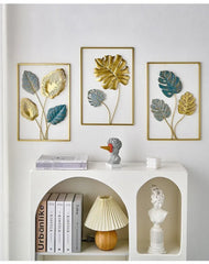 Set of 3 Large Living Room Gold Blue Metal Leaf Iron Home Wall Decor. - All India Decor