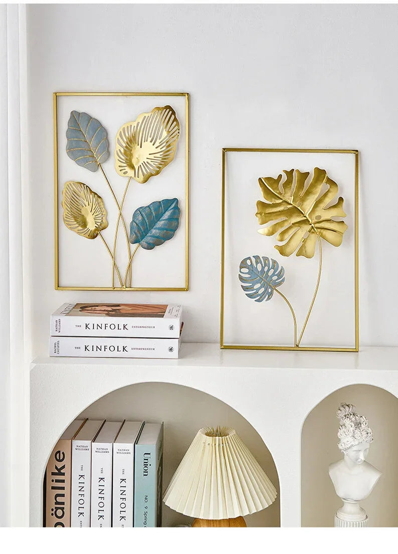 Set of 3 Large Living Room Gold Blue Metal Leaf Iron Home Wall Decor. - All India Decor