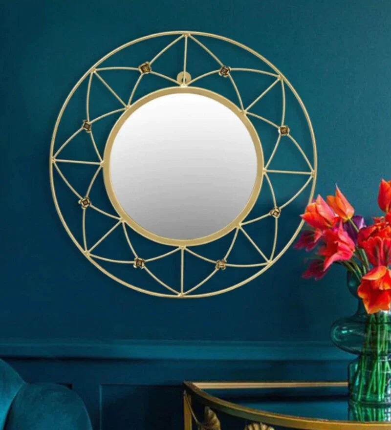 Round Gold Metal & Glass Decorative Wall Mirror - All India Decor