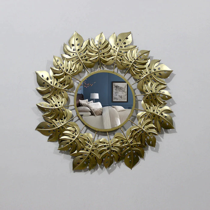 Pretty Golden Leaves Round Mirror Wall Decor