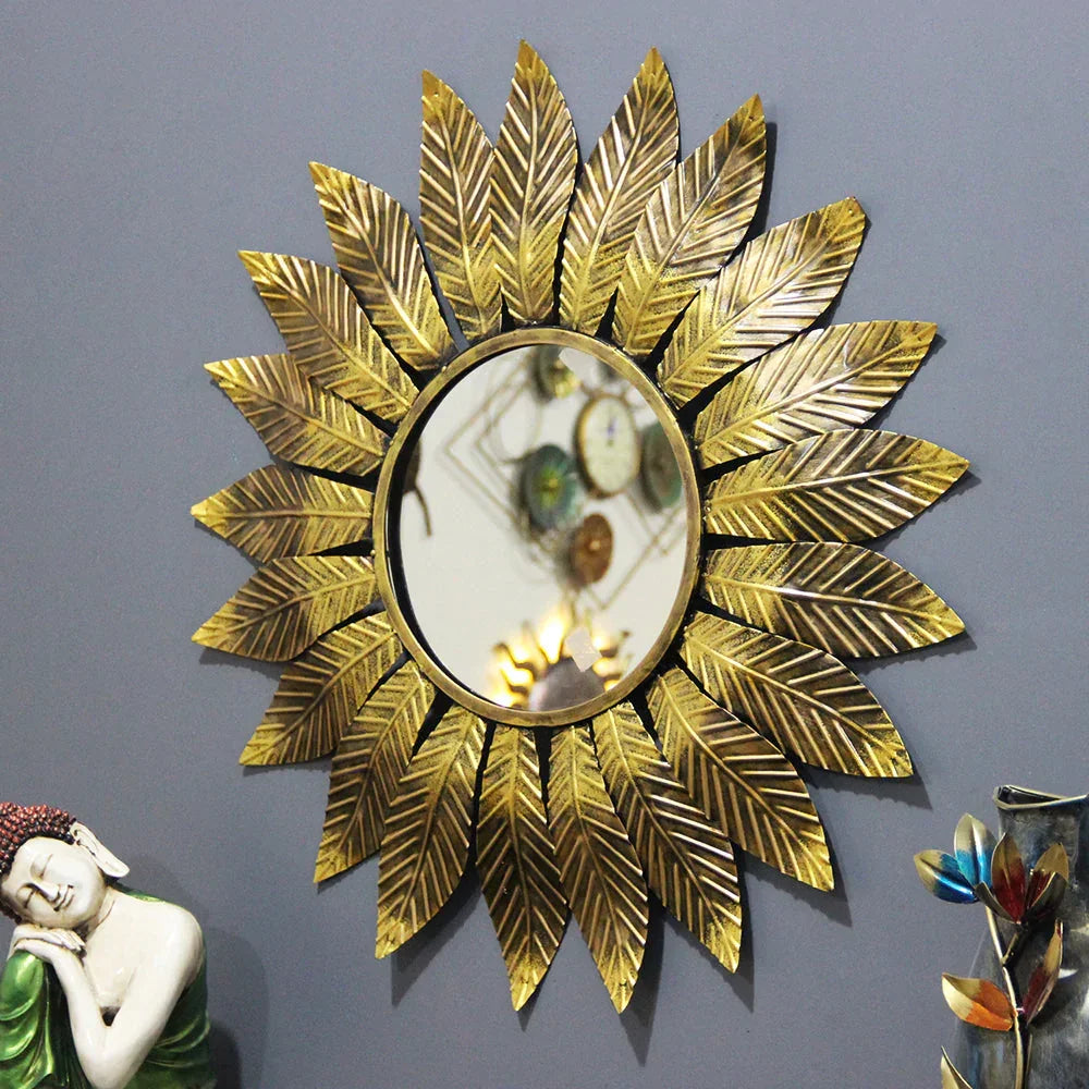 Slender Leaf Golden Round Mirror Wall Decor - All India Decor