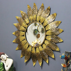 Slender Leaf Golden Round Mirror Wall Decor - All India Decor