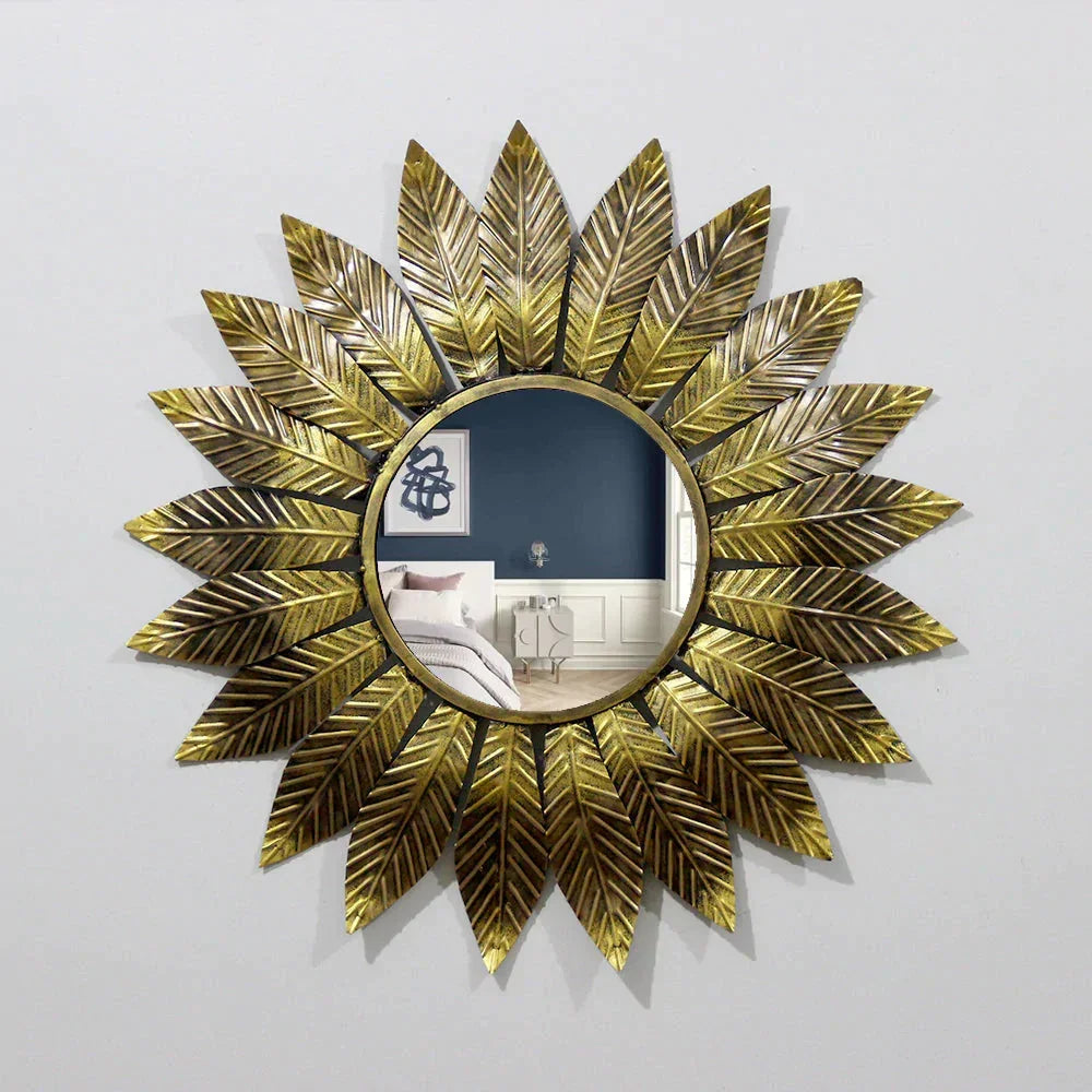 Slender Leaf Golden Round Mirror Wall Decor - All India Decor