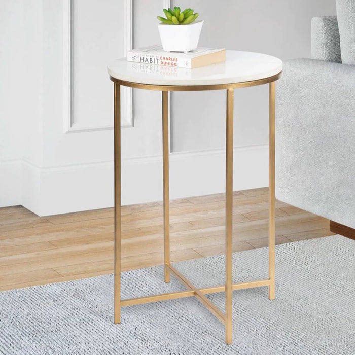 Marble Top End Side Table in Gold Finish